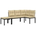 Garden Bench Set with Cushions 3pcs Black Powder-coated Steel Outdoor Patio Furniture