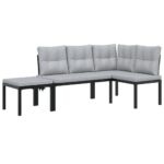 Garden Bench Set with Cushions 3pcs Black Powder-coated Steel Outdoor Patio Furniture