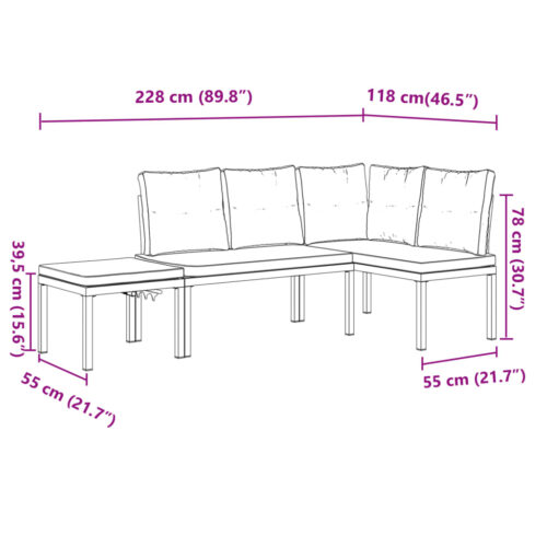 Garden Bench Set with Cushions 3pcs Black Powder-coated Steel Outdoor Patio Furniture - Image 9