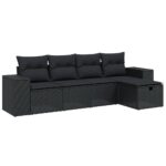 5-Piece Garden Sofa Set with Cushions Black Poly Rattan Wicker Outdoor Patio Furniture