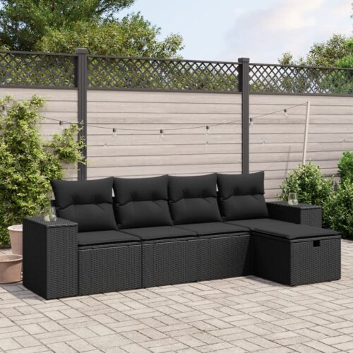 5-Piece Garden Sofa Set with Cushions Black Poly Rattan Wicker Outdoor Patio Furniture - Image 2