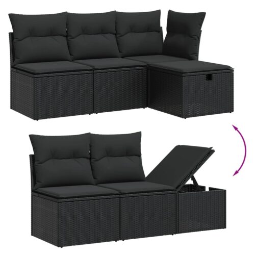 5-Piece Garden Sofa Set with Cushions Black Poly Rattan Wicker Outdoor Patio Furniture - Image 3