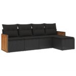 5-Piece Garden Sofa Set with Cushions Black Poly Rattan Wicker Outdoor Patio Furniture