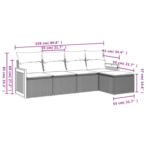 5-Piece Garden Sofa Set with Cushions Black Poly Rattan Wicker Outdoor Patio Furniture - Image 3