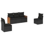 5-Piece Garden Sofa Set with Cushions Black Poly Rattan Wicker Outdoor Patio Furniture
