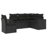 5-Piece Garden Sofa Set with Cushions Black Poly Rattan Wicker Outdoor Patio Furniture