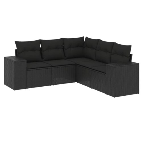 5-Piece Garden Sofa Set with Cushions Black Poly Rattan Wicker Outdoor Patio Furniture