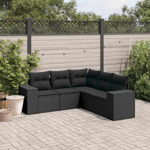 5-Piece Garden Sofa Set with Cushions Black Poly Rattan Wicker Outdoor Patio Furniture - Image 2