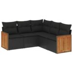 5-Piece Garden Sofa Set with Cushions Black Poly Rattan Wicker Outdoor Patio Furniture