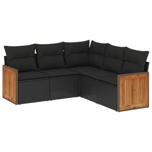 5-Piece Garden Sofa Set with Cushions Black Poly Rattan Wicker Outdoor Patio Furniture