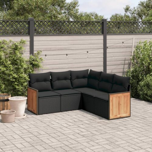 5-Piece Garden Sofa Set with Cushions Black Poly Rattan Wicker Outdoor Patio Furniture - Image 2