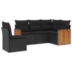 5-Piece Garden Sofa Set with Cushions Black Poly Rattan Wicker Outdoor Patio Furniture