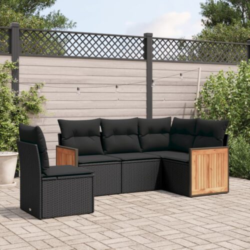 5-Piece Garden Sofa Set with Cushions Black Poly Rattan Wicker Outdoor Patio Furniture - Image 2