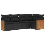 5-Piece Garden Sofa Set with Cushions Black Poly Rattan Wicker Outdoor Patio Furniture