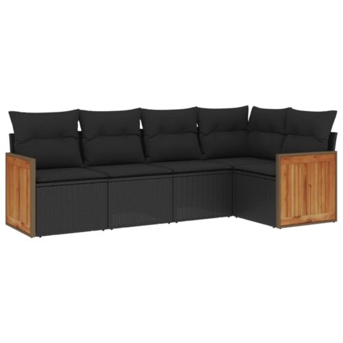 5-Piece Garden Sofa Set with Cushions Black Poly Rattan Wicker Outdoor Patio Furniture