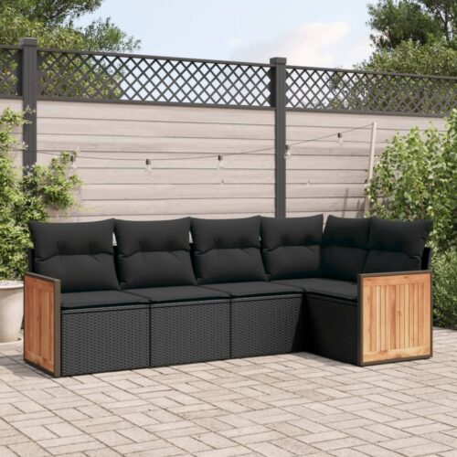 5-Piece Garden Sofa Set with Cushions Black Poly Rattan Wicker Outdoor Patio Furniture - Image 2