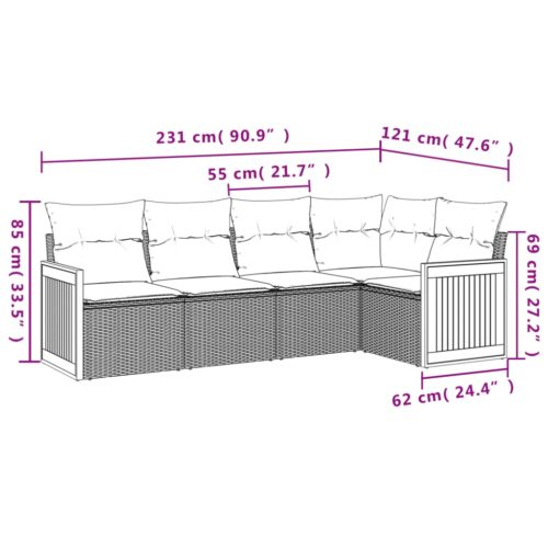 5-Piece Garden Sofa Set with Cushions Black Poly Rattan Wicker Outdoor Patio Furniture - Image 3