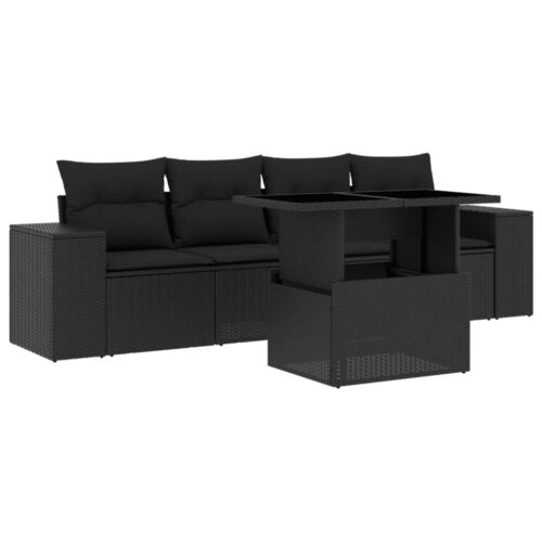 5-Piece Garden Sofa Set with Cushions Black Poly Rattan Wicker Outdoor Patio Furniture