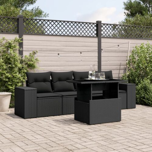 5-Piece Garden Sofa Set with Cushions Black Poly Rattan Wicker Outdoor Patio Furniture - Image 2