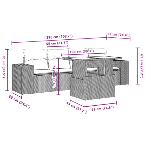 5-Piece Garden Sofa Set with Cushions Black Poly Rattan Wicker Outdoor Patio Furniture - Image 9