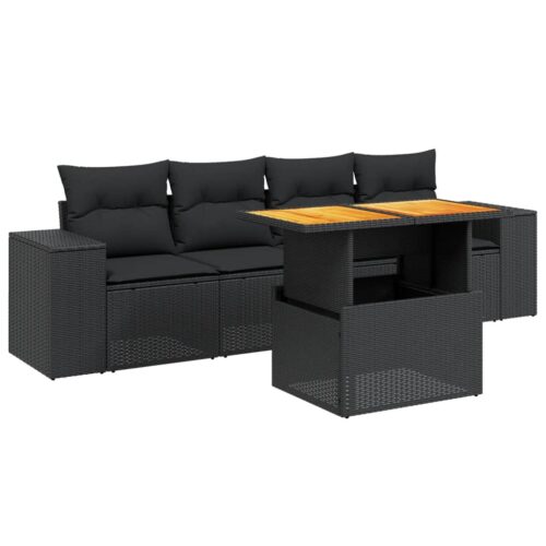 5-Piece Garden Sofa Set with Cushions Black Poly Rattan Wicker Outdoor Patio Furniture