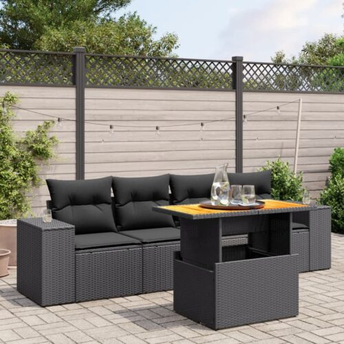 5-Piece Garden Sofa Set with Cushions Black Poly Rattan Wicker Outdoor Patio Furniture - Image 2
