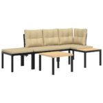 Garden Bench Set with Cushions 3pcs Black Powder-coated Steel Outdoor Patio Furniture