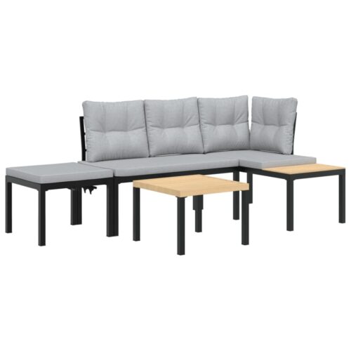Garden Bench Set with Cushions 3pcs Black Powder-coated Steel Outdoor Patio Furniture