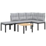 Garden Bench Set with Cushions 3pcs Black Powder-coated Steel Outdoor Patio Furniture
