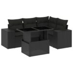 5-Piece Garden Sofa Set with Cushions Black Poly Rattan Wicker Outdoor Patio Furniture