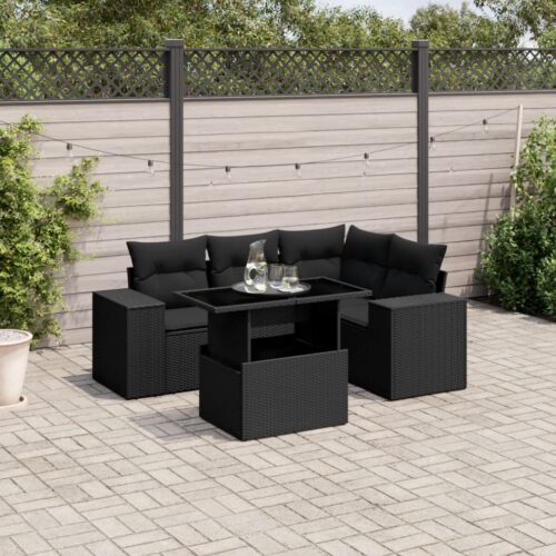 5-Piece Garden Sofa Set with Cushions Black Poly Rattan Wicker Outdoor Patio Furniture - Image 2