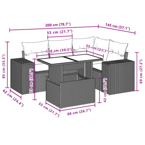 5-Piece Garden Sofa Set with Cushions Black Poly Rattan Wicker Outdoor Patio Furniture - Image 10