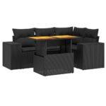 5-Piece Garden Sofa Set with Cushions Black Poly Rattan Wicker Outdoor Patio Furniture