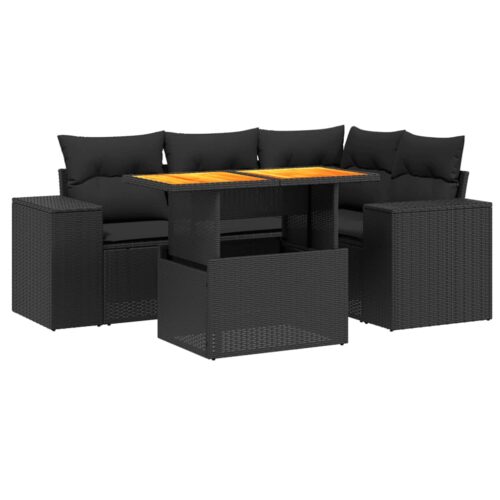 5-Piece Garden Sofa Set with Cushions Black Poly Rattan Wicker Outdoor Patio Furniture