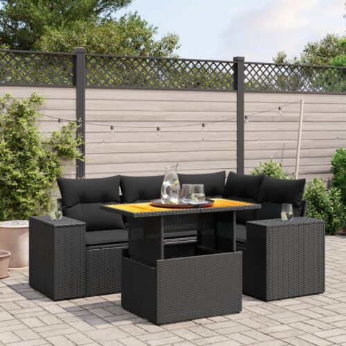 5-Piece Garden Sofa Set with Cushions Black Poly Rattan Wicker Outdoor Patio Furniture - Image 2