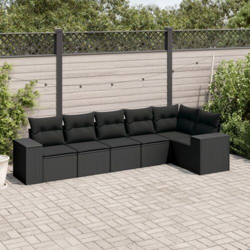 6-Piece Garden Sofa Set with Cushions Black Poly Rattan Wicker Outdoor Patio Furniture - Image 2