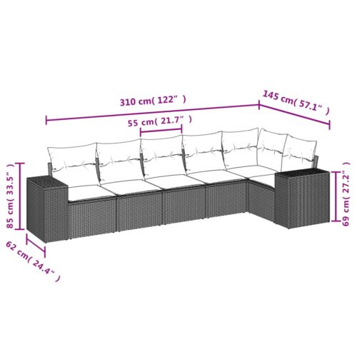 6-Piece Garden Sofa Set with Cushions Black Poly Rattan Wicker Outdoor Patio Furniture - Image 7