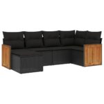 6-Piece Garden Sofa Set with Cushions Black Poly Rattan Wicker Outdoor Patio Furniture