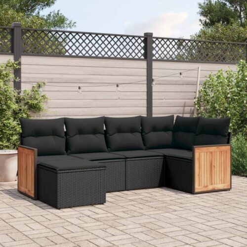 6-Piece Garden Sofa Set with Cushions Black Poly Rattan Wicker Outdoor Patio Furniture - Image 2