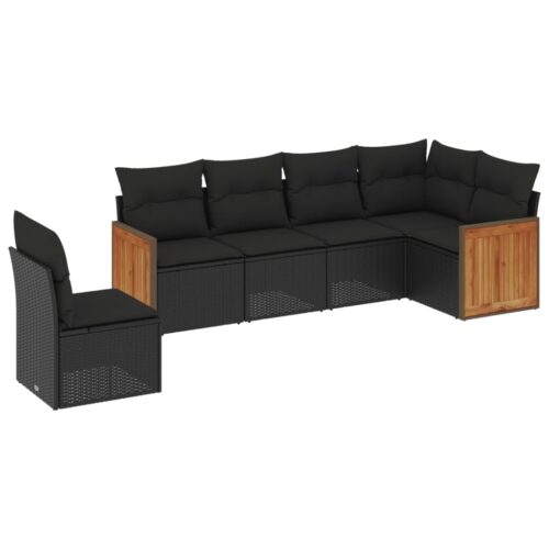 6-Piece Garden Sofa Set with Cushions Black Poly Rattan Wicker Outdoor Patio Furniture
