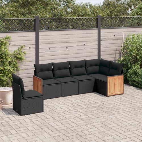 6-Piece Garden Sofa Set with Cushions Black Poly Rattan Wicker Outdoor Patio Furniture - Image 2