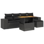 6-Piece Garden Sofa Set with Cushions Black Poly Rattan Wicker Outdoor Patio Furniture