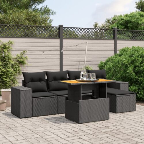 6-Piece Garden Sofa Set with Cushions Black Poly Rattan Wicker Outdoor Patio Furniture - Image 2