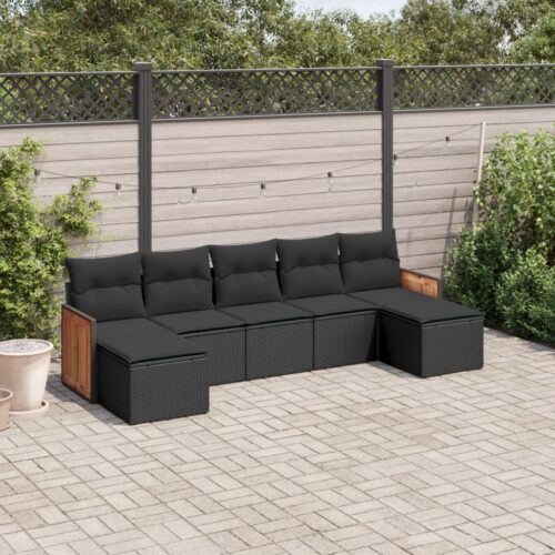 7-Piece Garden Sofa Set with Cushions Black Poly Rattan Wicker Outdoor Patio Furniture - Image 2