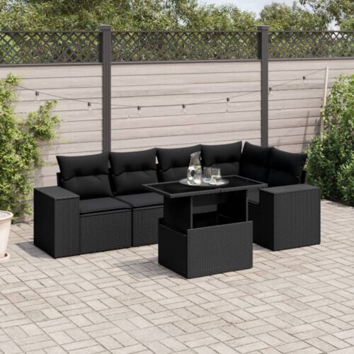 6-Piece Garden Sofa Set with Cushions Black Poly Rattan Wicker Outdoor Patio Furniture - Image 2