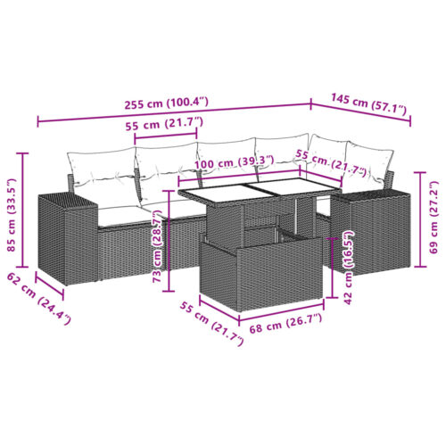 6-Piece Garden Sofa Set with Cushions Black Poly Rattan Wicker Outdoor Patio Furniture - Image 10