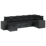 7-Piece Garden Sofa Set with Cushions Black Poly Rattan Wicker Outdoor Patio Furniture