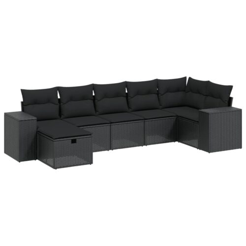 7-Piece Garden Sofa Set with Cushions Black Poly Rattan Wicker Outdoor Patio Furniture