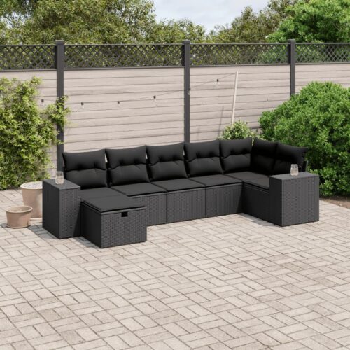 7-Piece Garden Sofa Set with Cushions Black Poly Rattan Wicker Outdoor Patio Furniture - Image 2