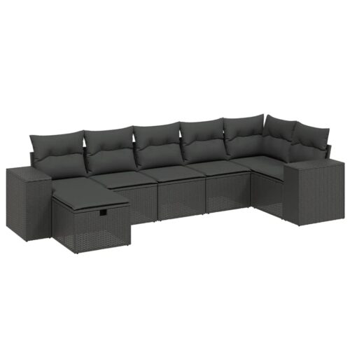 7-Piece Garden Sofa Set with Cushions Black Poly Rattan Wicker Outdoor Patio Furniture